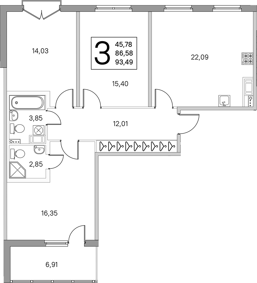 3-комнатная квартира 90.04 м², 3/4 эт., ЖК «Любоград в Стрельне»